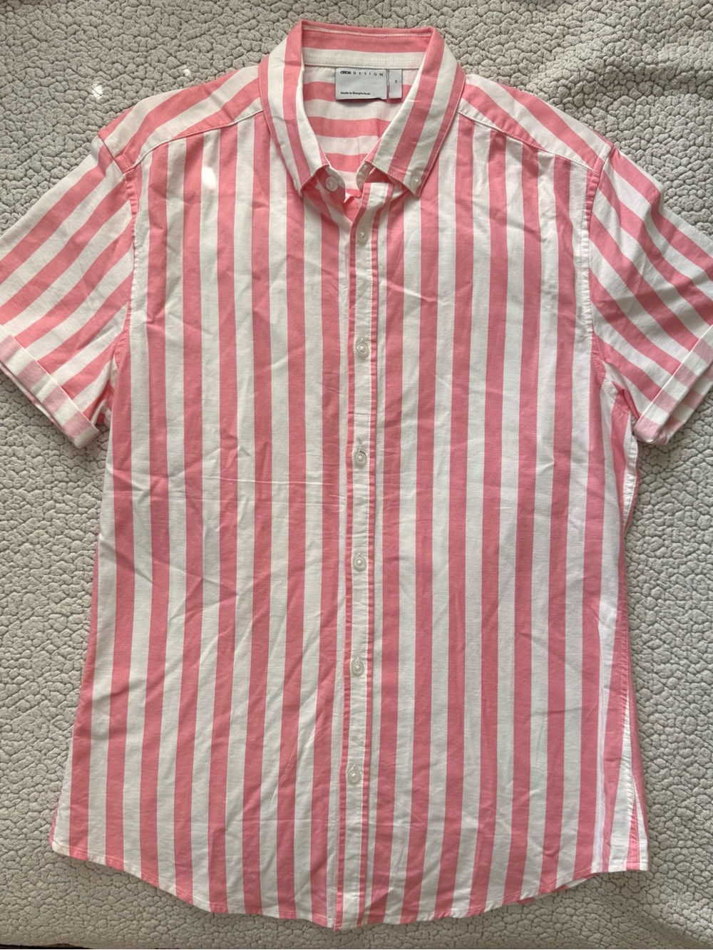 ASOS design pink and white striped short sleeve button-up shirt- Size M